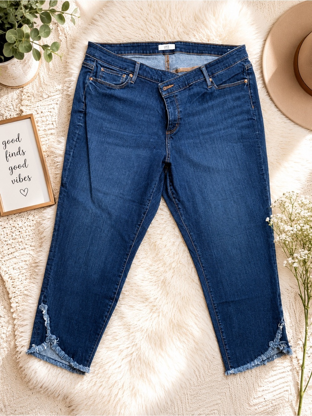 LOFT Dark Blue Ankle Crop Jeans with Frayed Hem
